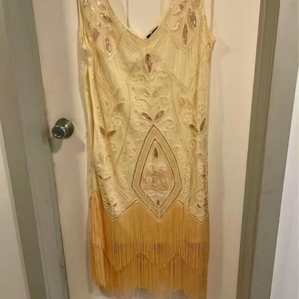 Beaded Fringe Slip Midi Dress in Pale Yellow